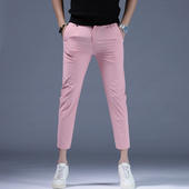 日系夏季 子潮流时尚 裤 帅气西装 粉色男款 休闲裤 男士 修身 九分裤 韩版