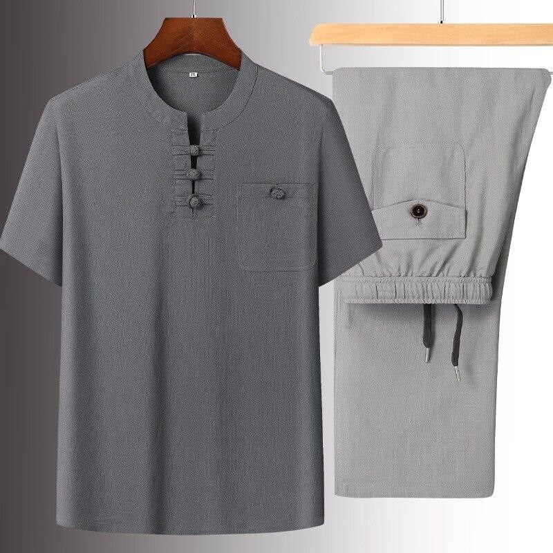中老年爸爸短袖t恤2025新款亚麻套装夏季棉麻两件套一套唐装衣服