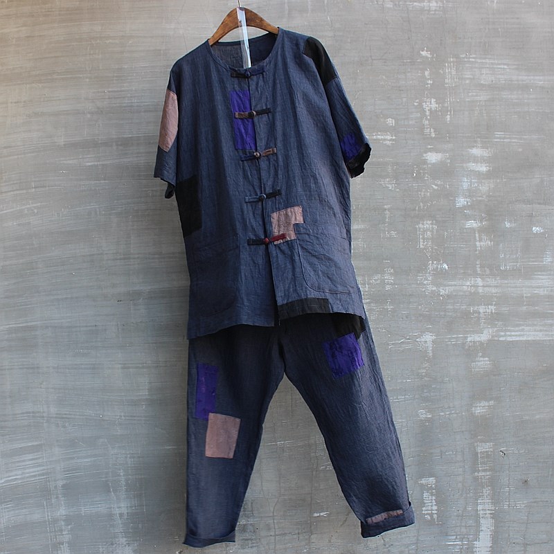 男夏季亚麻短袖九分裤两件套网红款补丁衬衫乞丐服百纳衣禅修个性