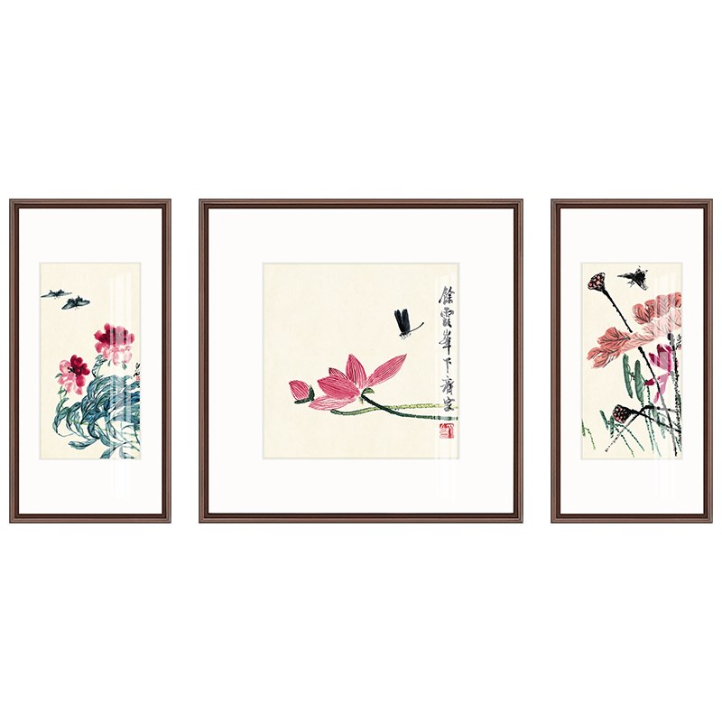 齐白石和气生财寓意好荷花装饰画新中式客厅挂画茶室书房三联壁画