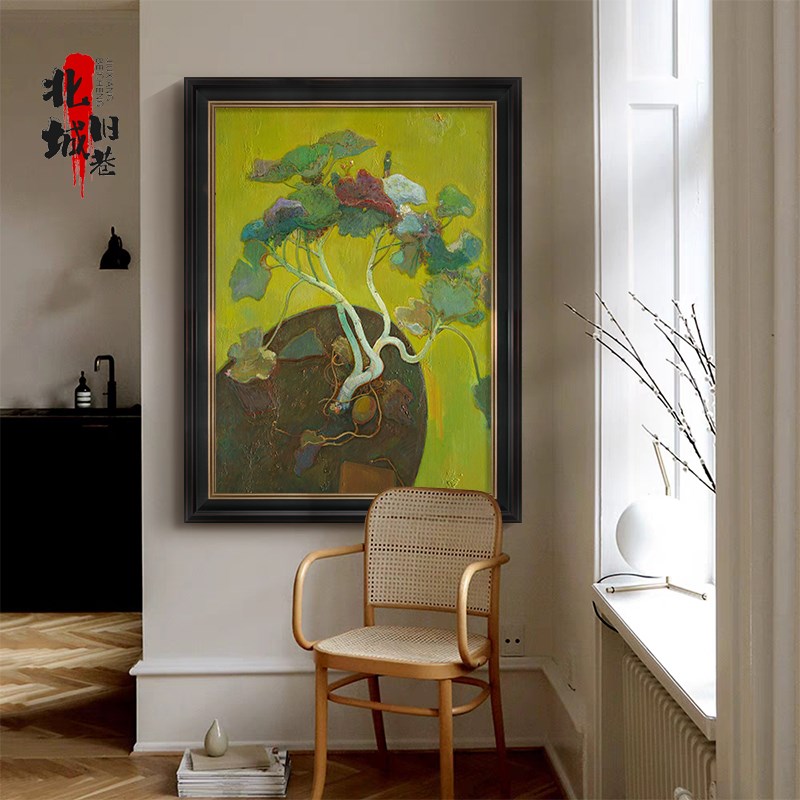 玄关中古风客厅金莲手绘油画沙发背景墙挂画高级感餐厅中式装饰画图片