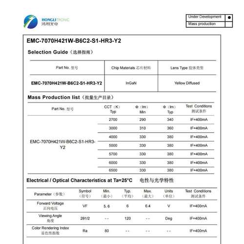 鸿利EMC7070白光LED灯珠 6V 电流400MA亮度330-380lm 显指80 圆杯