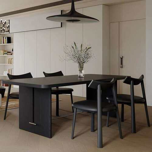 复古实木下挂岩板黑色中古风餐桌椅组合小户型设计师简约现代家用