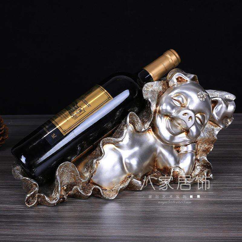 跨境热卖 欧式复古银红酒架摆件树脂工艺品 桌面装饰品十二生肖猪