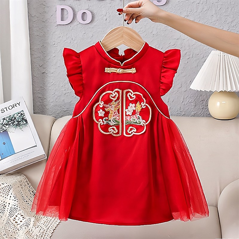 女童周岁礼服新中式唐装旗袍红色连衣裙宝宝夏季薄款儿童公主裙子
