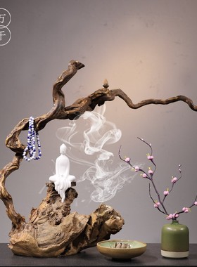 新中式天然风化木 禅意陶瓷摆件 实木家居客厅电视柜博古架装饰品