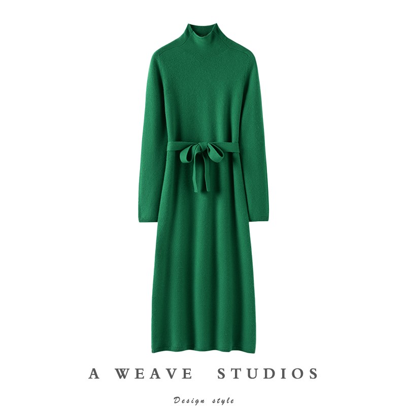 时尚的简约!系带加厚高领羊绒衫女长款连衣裙纯羊绒毛衣针织裙子