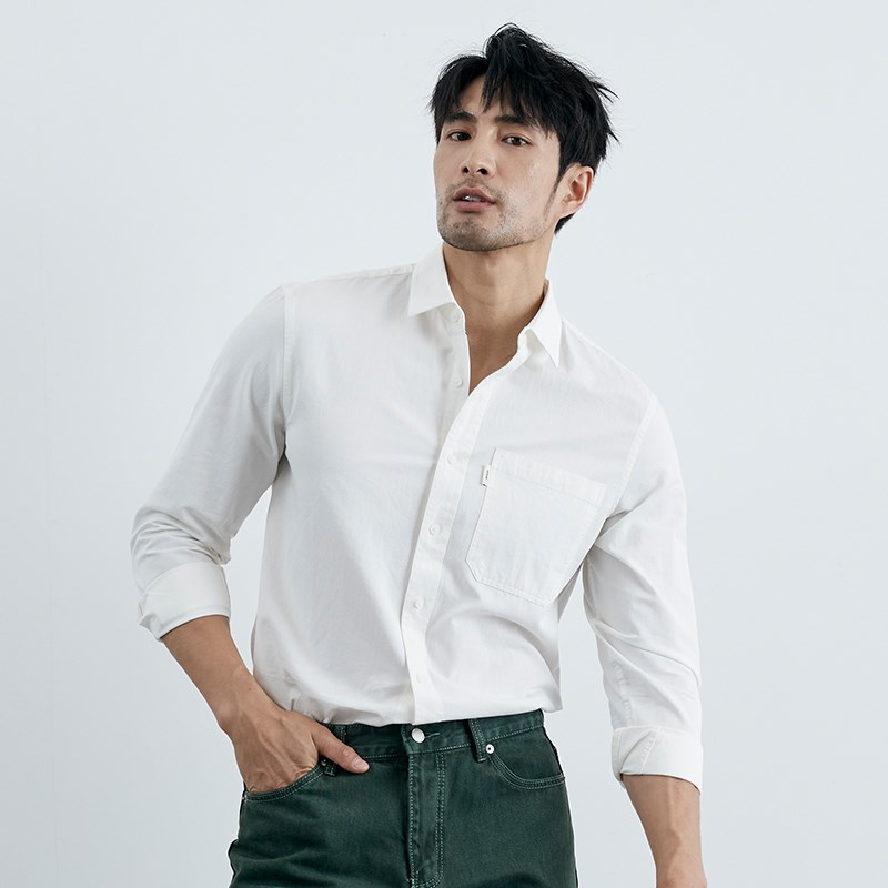 春秋男士纯棉白衬衫休闲百搭寸衫高级感商务复古长袖修身粉色衬衫