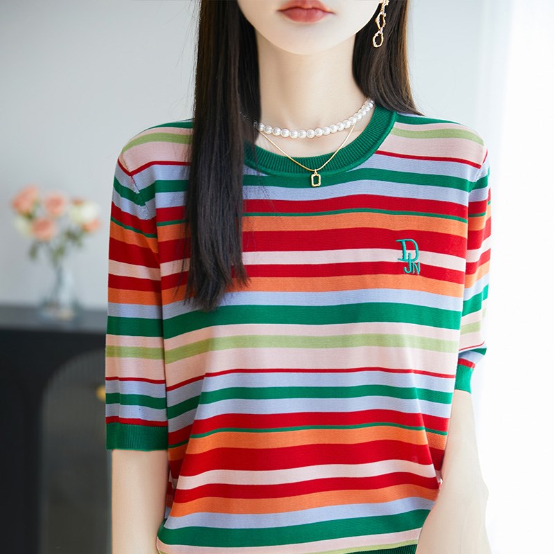 撞色条纹短袖上衣女夏刺绣正肩女t恤宽松大码洋气针织打底衫半袖