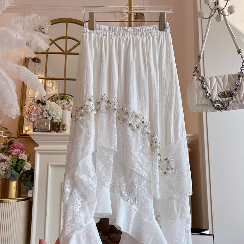 重工钉珠蕾丝半身裙夏季新款高腰显瘦不规则气质白色A字裙短裙子