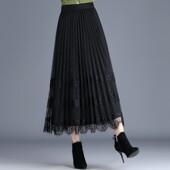 两面穿百褶裙网纱半身秋冬女2021新款 气质裙高腰中长款 蕾丝边纱裙