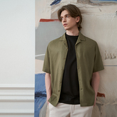 男士 短袖 寸衫 澳嘉亚麻休闲衬衫 宽松高级感绿色衬衣外套2024年夏季