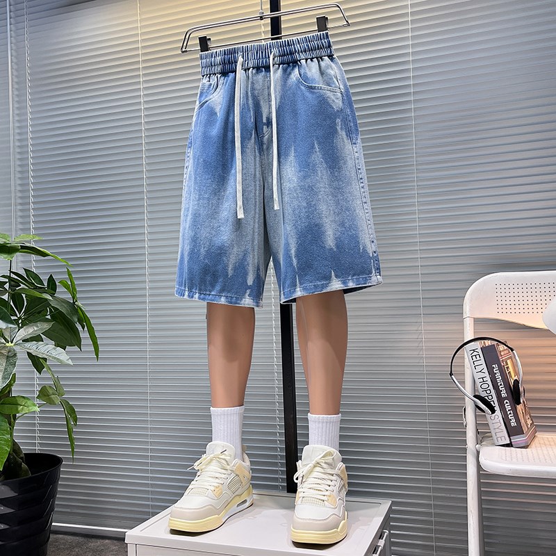 扎染牛仔短裤男士2025夏季新款美式潮牌宽松五分裤复古松中裤男装