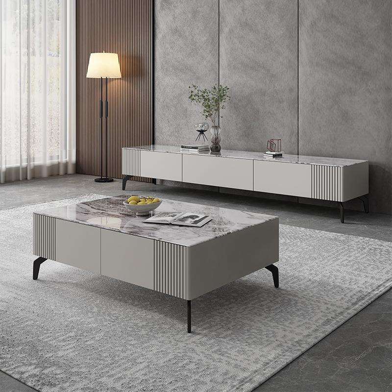 意式岩板方形茶几电视柜斗柜现代简约小户型实木茶桌电视柜边柜