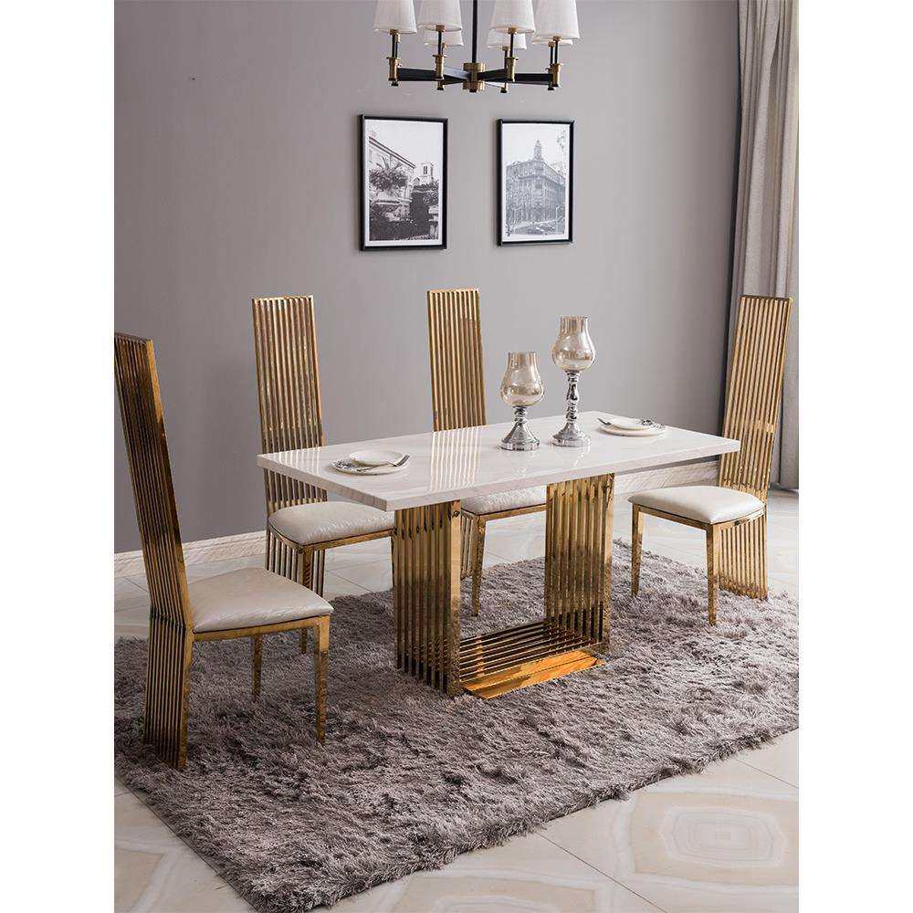 北欧高级餐厅不锈钢轻奢餐桌椅组合客厅长饭桌现代简约大理石餐桌