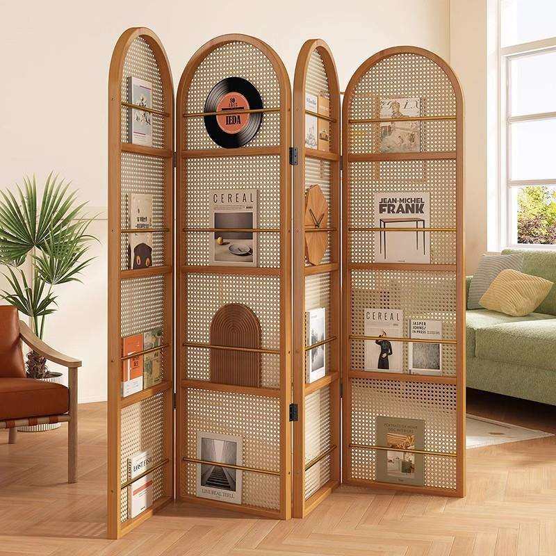 日式藤编屏风隔断客厅实木折叠可移动小户型遮挡入户杂志书架镂空