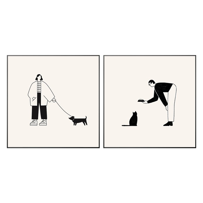 黑白招财猫正方形挂画餐厅现代抽象人物艺术客厅沙发背景墙装饰画图片