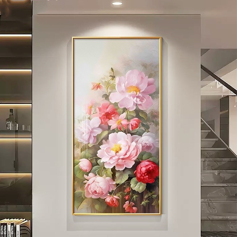 牡丹花挂画花开富贵入户玄关装饰画走廊过道轻奢油画客厅高端壁画图片