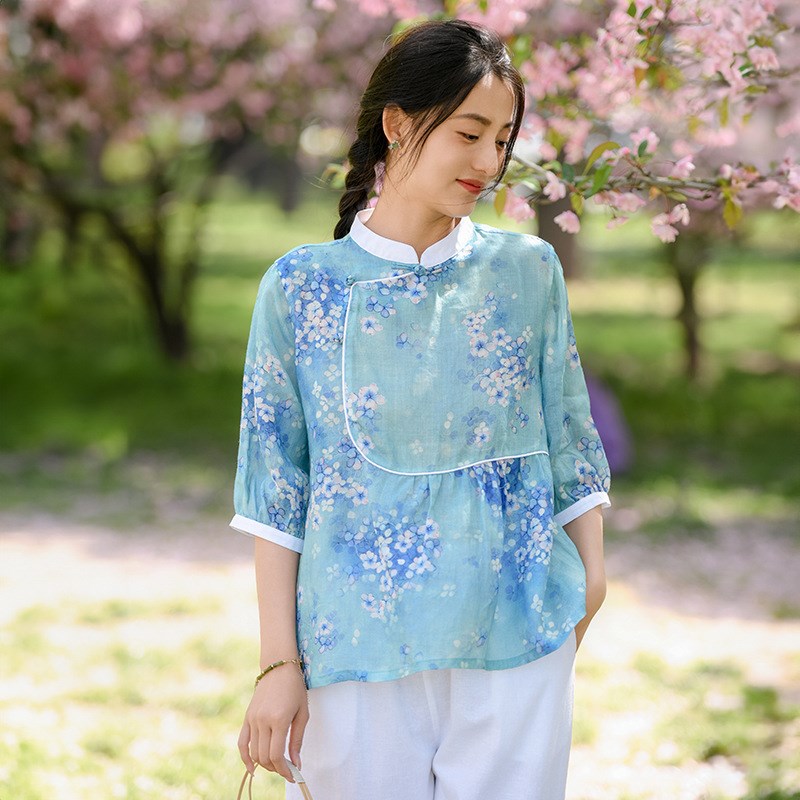 年轻款改良太极服女上衣夏季亚麻中式太极服短袖上衣单件练功服麻