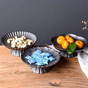 德玉堂条纹高足茶点盘日式创意陶瓷果盘茶桌茶道点心干果茶食盘子