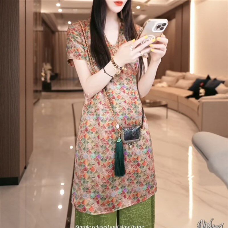 新中式鱼鳞纹上衣夏季时尚复古新款国风时尚百搭气质中长款连衣裙