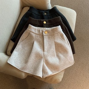 秋冬季新款毛呢女童开叉阔腿短裤韩版松紧高腰宽松直筒休闲靴裤潮