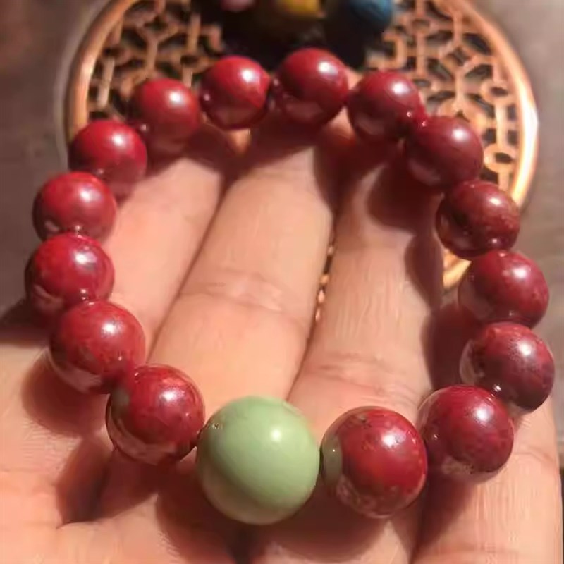 高端定制 男士带朱砂原石手串链10毫米 天然绿松石原矿湘西