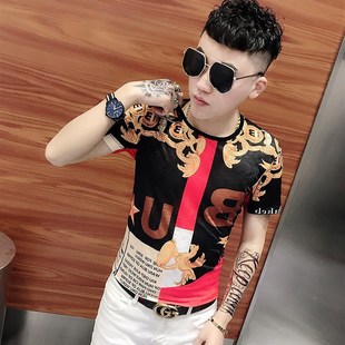 新款 潮流青年花色半袖 韩版 T恤男圆领修身 印花冰丝短袖 2021夏季