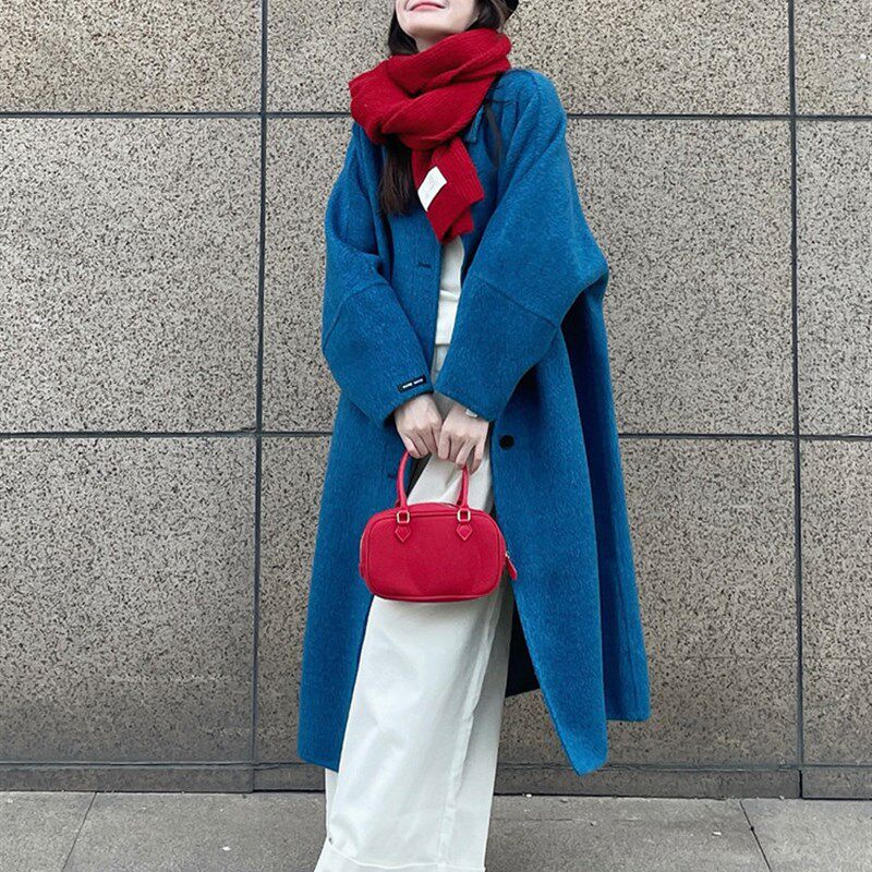 蓝色高端双面羊绒大衣长款2025秋冬新款韩系加厚牦牛绒毛呢外套女