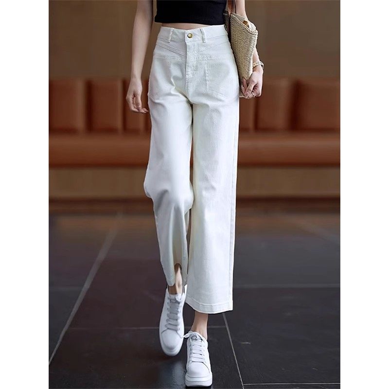 白色冰丝直筒牛仔裤女夏季薄款高腰显瘦小个子八分裤法棍裤阔腿裤