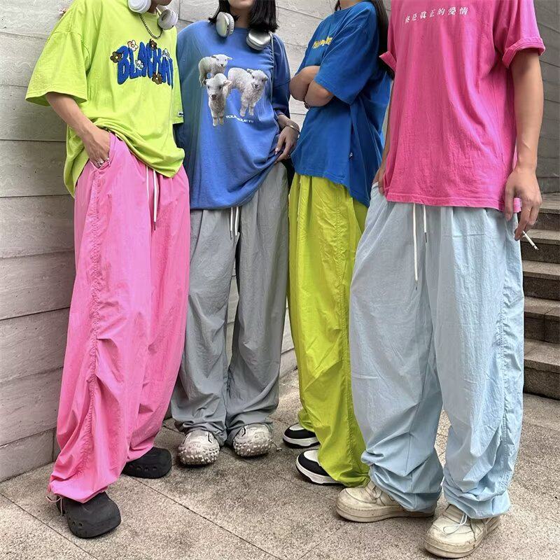 彩色多巴胺休闲长裤男女夏季薄款美式潮牌宽松速干直筒运动伞兵裤