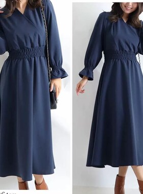 日单大码女装春秋新款简约优雅成熟交叉V领松紧腰长袖连衣裙26319