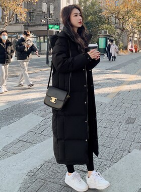反季黑色羽绒服男女冬季超长款过膝加厚2023新款情侣宽松爆款中戏