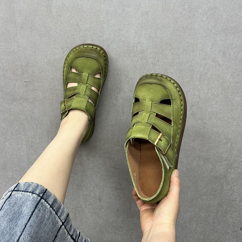 艺鞜2025年夏季新款真皮编织平底圆头休闲T字凉鞋平底镂空洞洞鞋