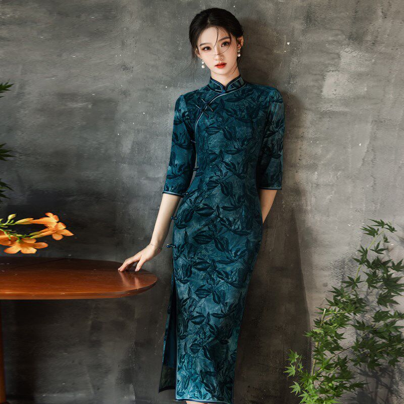 长袖旗袍2025春季新款复古风老上海高端修身长款连衣裙