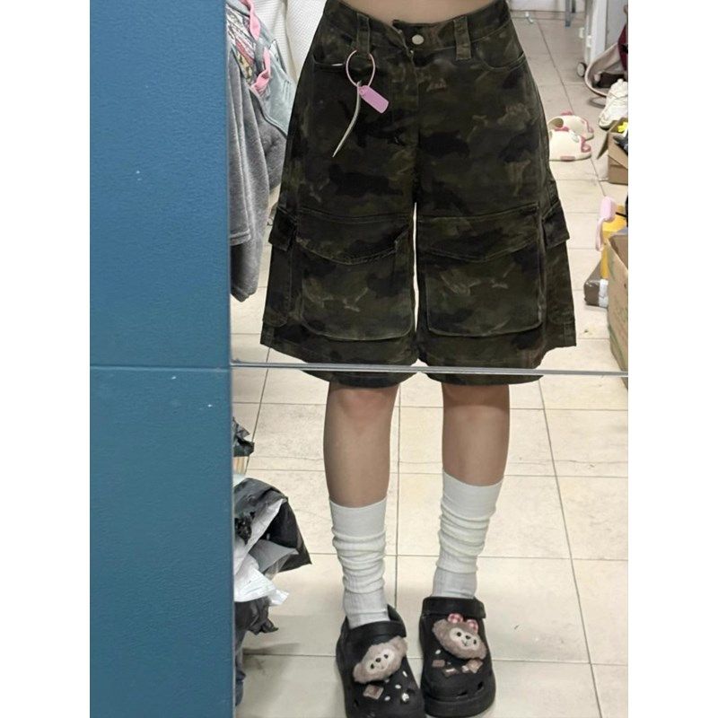 大码胖mm美式复古迷彩工装牛仔短裤女夏季多口袋宽松阔腿五分裤子