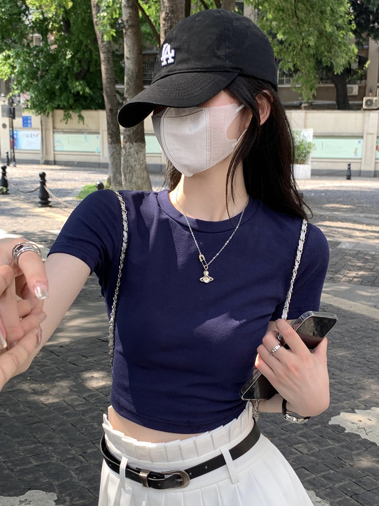 夏季2024新款修身显瘦纯棉t恤女短袖洋气短款卡腰辣妹小衫上衣潮