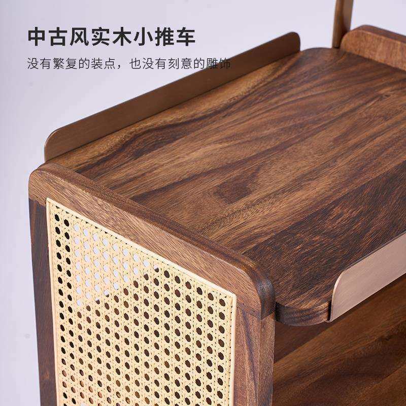 YH035a黑胡桃木藤编小推车实木边几客厅沙发置物架中古风可移动小