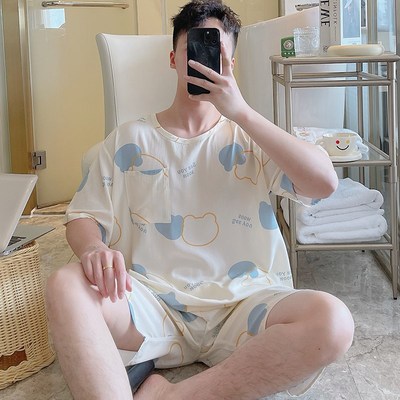 棉绸睡衣男士夏款气质短袖家居服青少年高中生宽松大码卡通套装薄