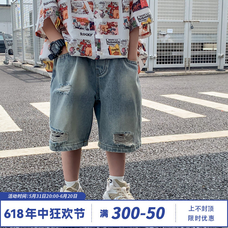 童装男童夏季裤子短裤2024新款宽松中裤薄儿童透气破洞牛仔裤潮