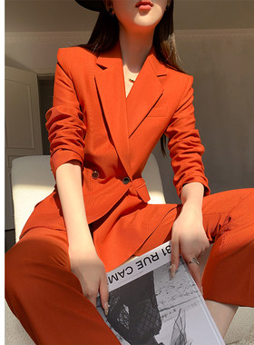 橘红色西服套装女2025春秋季新款小个子正装高级感九分裤西装套装
