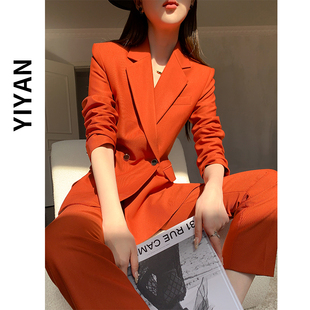 橘红色西服套装女2025春秋季新款小个子正装高级感九分裤西装套装