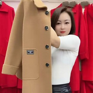 洋气妈妈装秋装中长款毛呢外套女秋冬宽松时尚针织双面呢大衣开衫