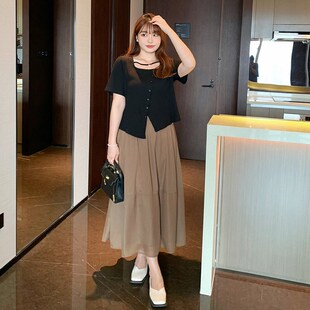 微胖显瘦女装 梨形身材穿搭套装 雪纺半身裙子 大码 甜辣上衣胖mm夏装