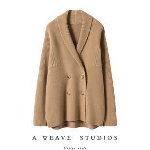 女外套毛衣 白色廓形双排扣100%纯羊绒开衫 无可替代 重磅加厚