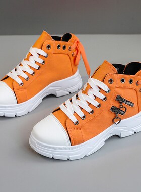 春季橘黄色高帮男女情侣帆布鞋韩版透气厚底增高防滑运动马丁靴潮