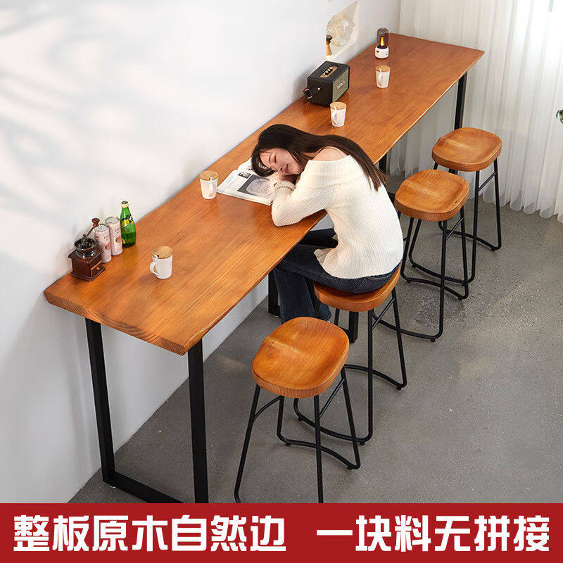 桌子长长条桌吧台桌实木桌椅组合商用酒吧台家用阳台靠墙高脚窄桌