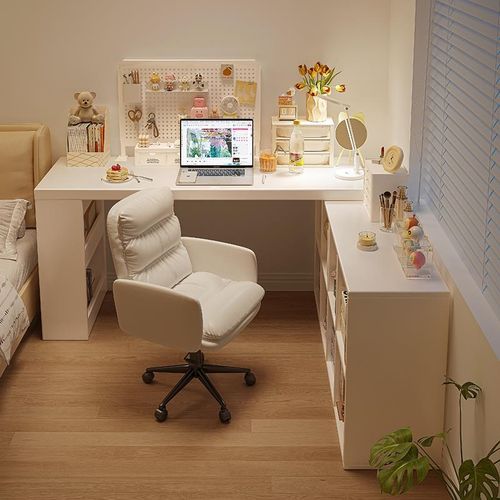 转角电脑桌家用学习桌子女生卧室实木梳妆台书柜一体I型拐角书桌