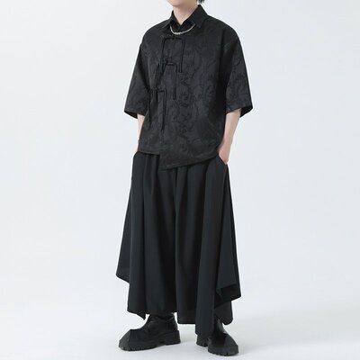 山本耀司衬衫男2024新款短袖衬衣新中式男装中国风汉服唐装五分袖