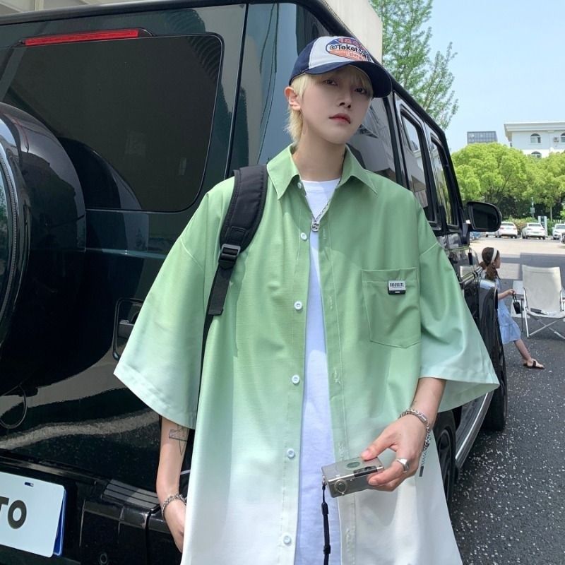 冰丝渐变短袖衬衫男士夏季新款大码宽松休闲男装潮男生衬衣外套